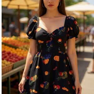 Elegant Black Midi Dress with Vibrant Fruit Pattern